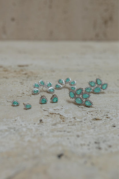 Brinco Ear Cuff Esmeralda Colombiana Gotas Ródio Branco