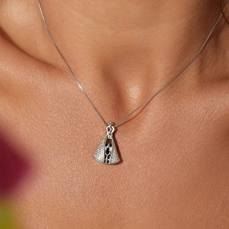 Colar Nossa Senhora Aparecida Moissanite Dupla Face Ródio Branco