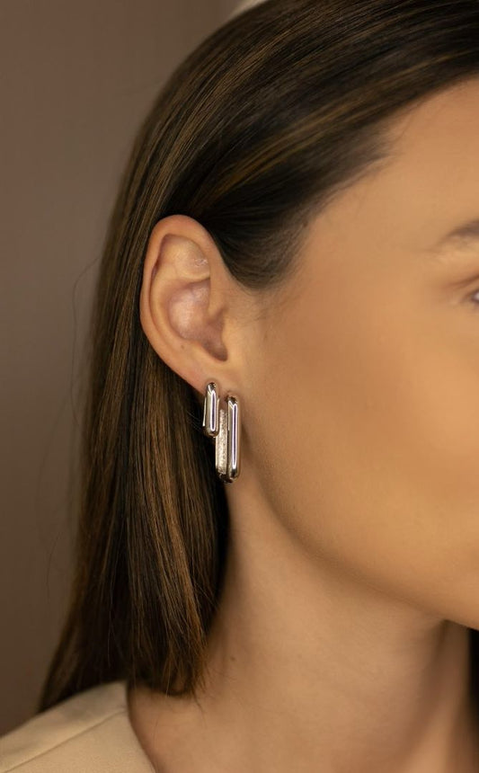 Brinco Argola Retangular Ródio Branco Tamanho G