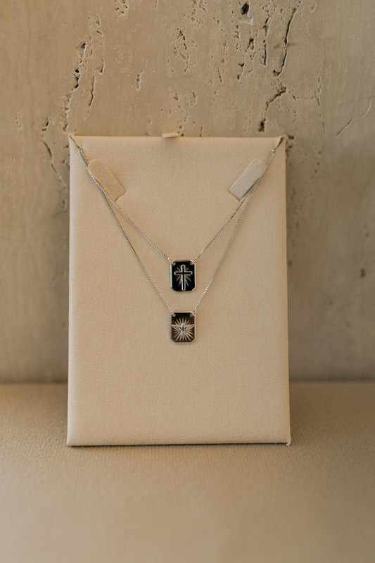 Colar Escapulário Espírito Santo e Cruz Masculino Ródio Branco