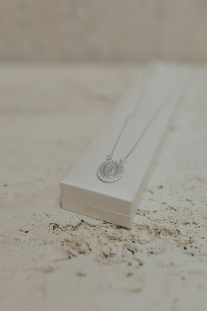 Colar Nossa Senhora das Graças Flores Prata 925 Ródio Branco