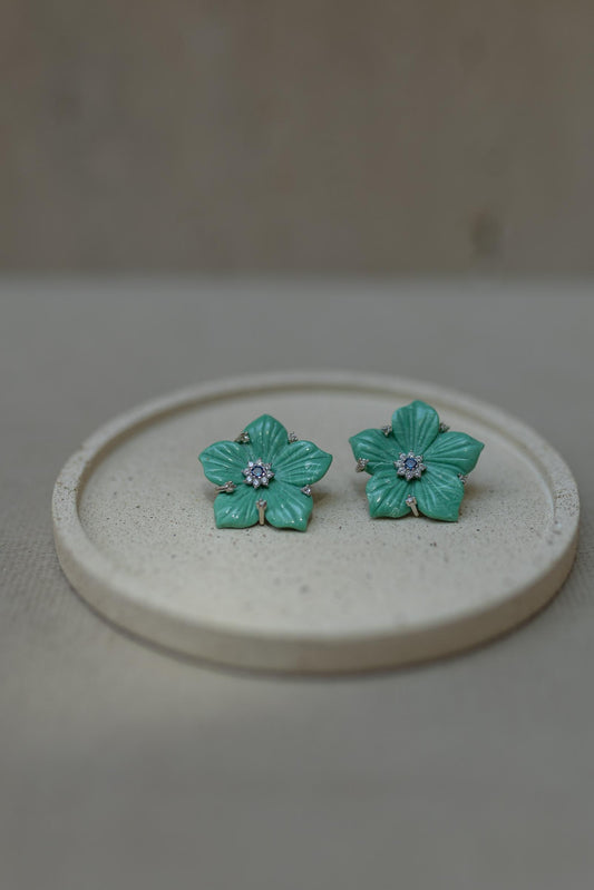 Brinco Flor 5 Pétalas Baquelite Verde Prata 925 Ródio Branco