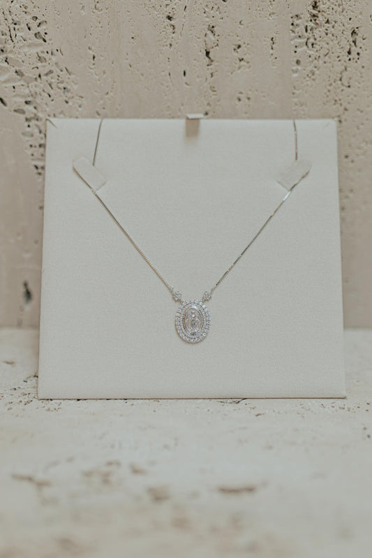 Colar Nossa Senhora das Graças 2 Fileiras Cravejadas Moissanite Prata 925 Ródio Branco