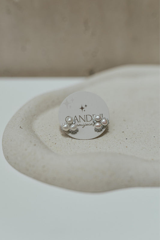 Brinco 3 Pérolas Meia Cravação Prata 925 Ródio Branco