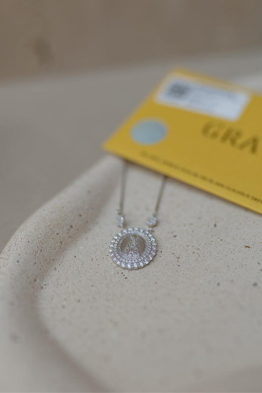 Colar Nossa Senhora Aparecida Duplo Cravejado Moissanite Prata 925 Ródio Branco