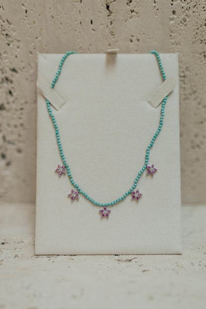 Colar Turquesa com 5 Pingentes de Flor Prata 925 Ródio Branco