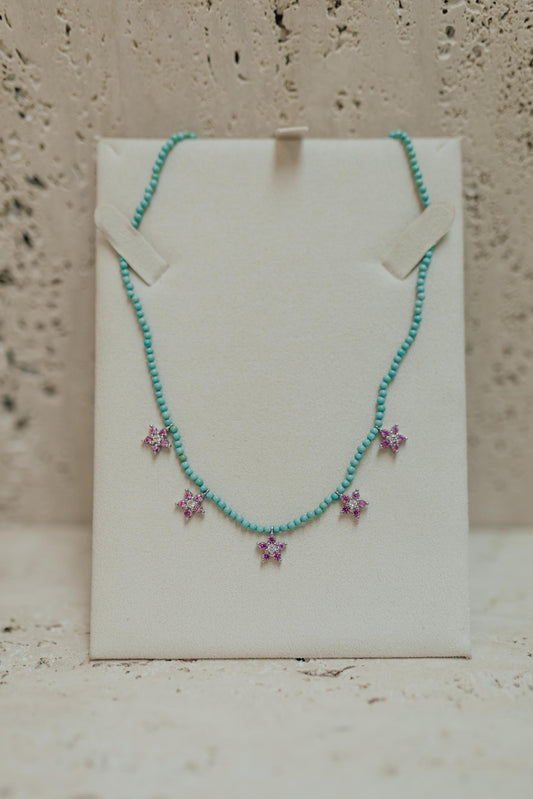 Colar Turquesa com 5 Pingentes de Flor Prata 925 Ródio Branco