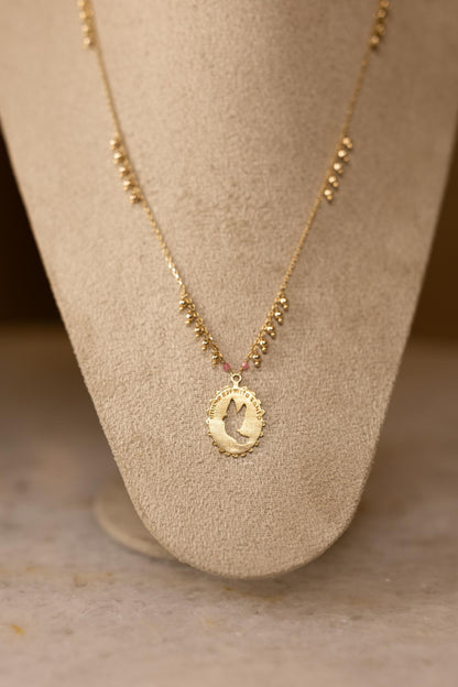 Colar Medalha Vazada Divino Espirito Santo Rosa Dourado