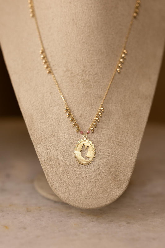 Colar Medalha Vazada Divino Espirito Santo Rosa Dourado