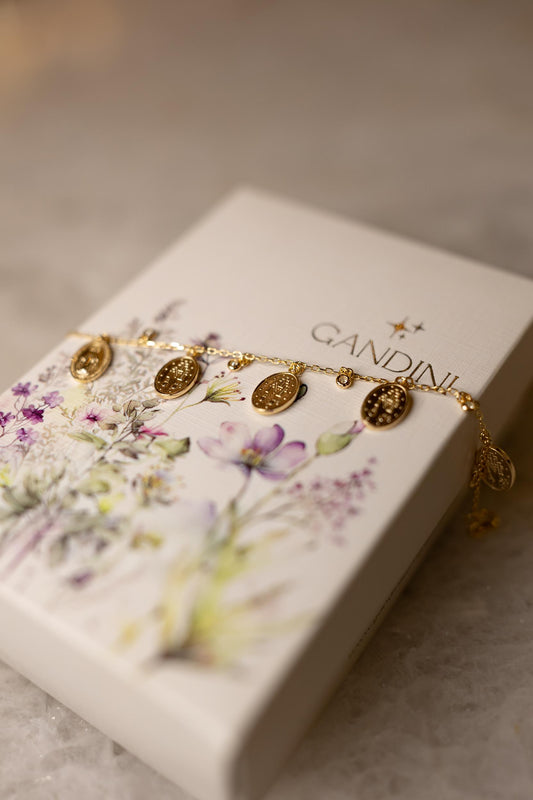 Pulseira Medalhas Nossa Senhora das Graças Moissanite Prata 925 Dourado