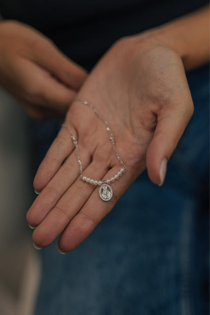 Colar Pérolas Nossa Senhora das Graças Prata 925 Ródio Branco