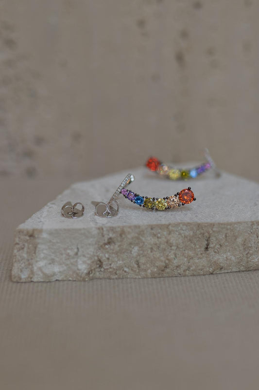 Brinco Ear Cuff Colorido Ródio Branco