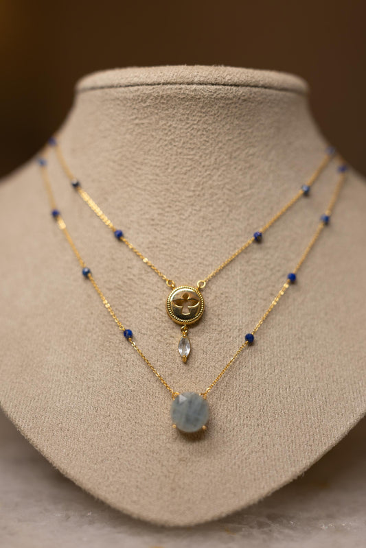 Colar Duplo Espirito Santo Lápis Lazuli e Água Marinha Dourado