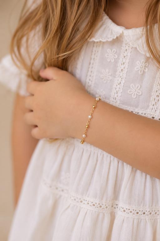 Pulseira Infantil Pérola e Bolinha Dourado