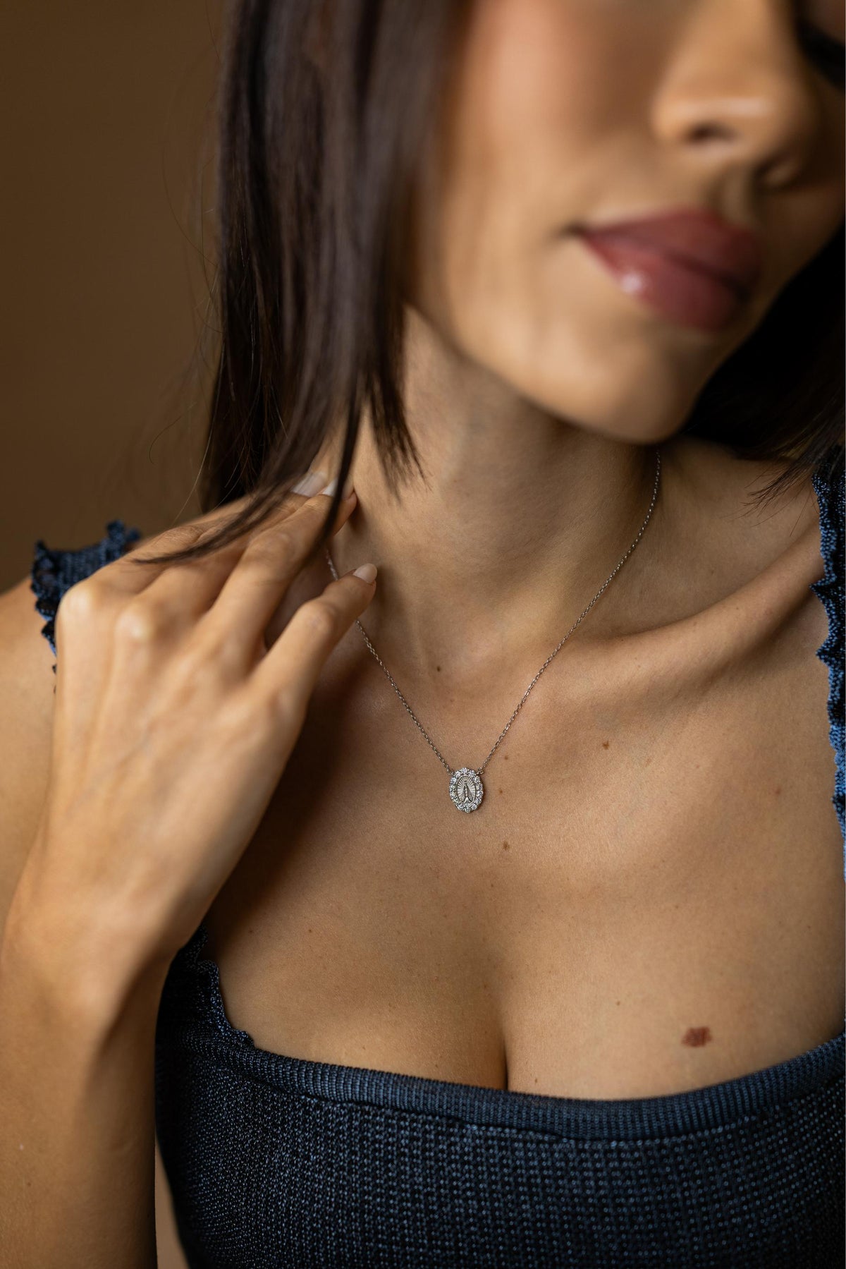 Colar Nossa Senhora Aparecida Moissanite Prata 925 Ródio Branco