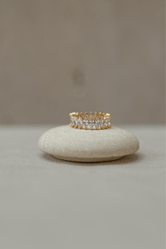 Anel Navete Cristal Dourado