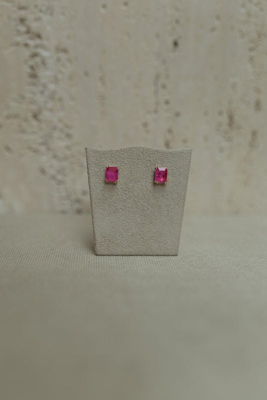 Brinco Solitário Retangular Pink Dourado