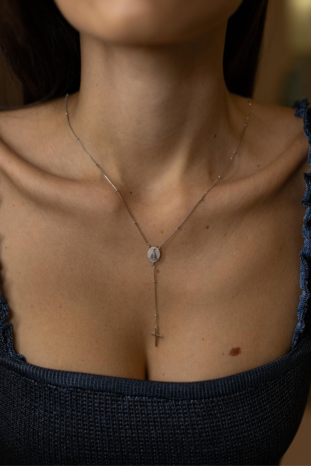 Colar Terço Nossa Senhora Aparecida Moissanite Prata 925 Ródio Branco