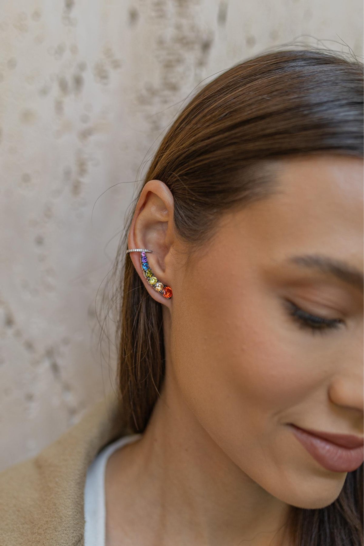 Brinco Ear Cuff Colorido Ródio Branco
