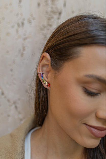 Brinco Ear Cuff Colorido Ródio Branco