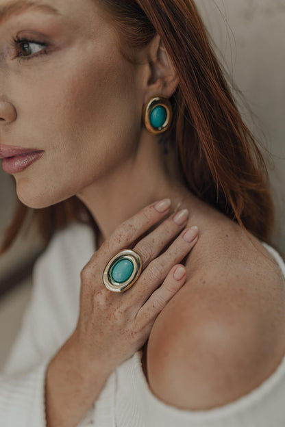 Anel Ajustável Oval Turquesa Dourado