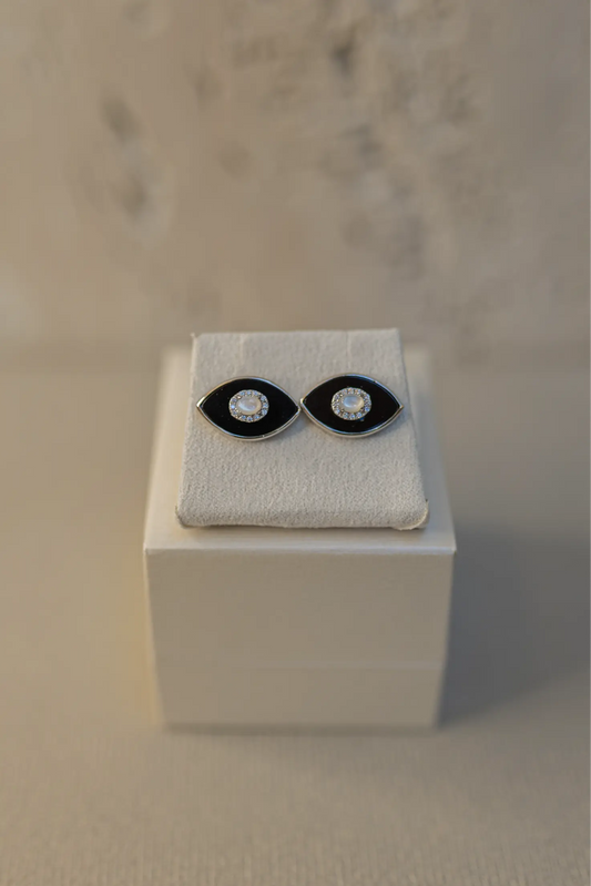 Brinco Olho Grego Preto Prata 925 Ródio Branco