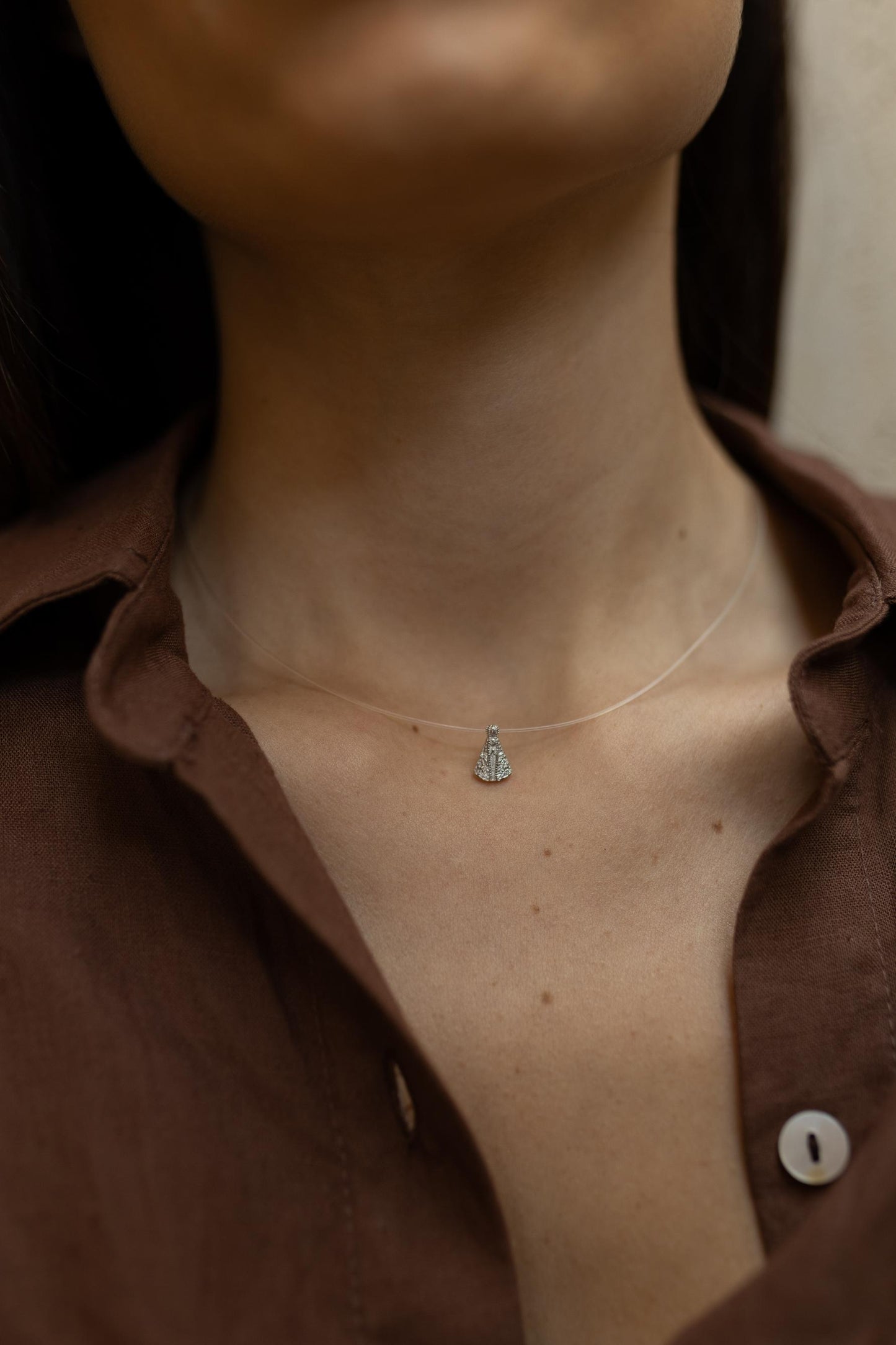 Colar Nylon Nossa Senhora Aparecida Moissanite Prata 925 Ródio Branco