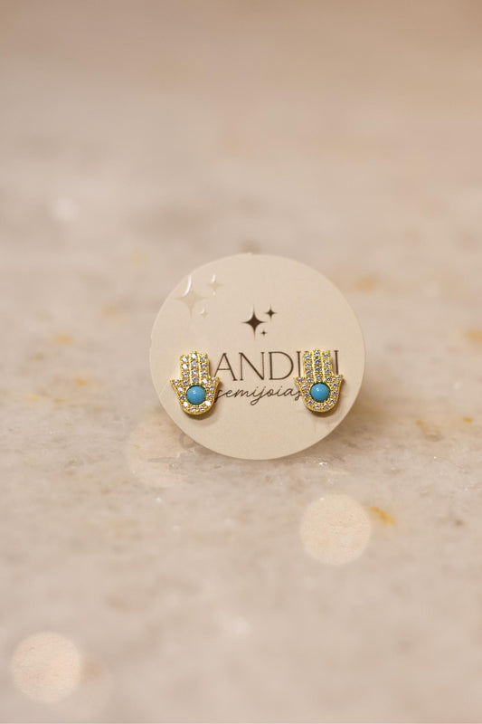Brinco Mão de Hamsá Cravejada Turquesa Prata 925 Dourado