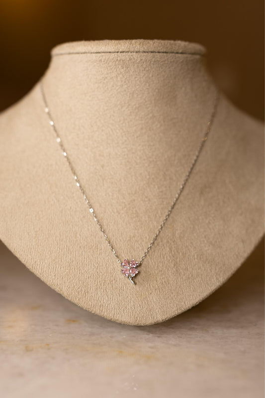 Colar Trevo Rosa Prata 925 Ródio Branco