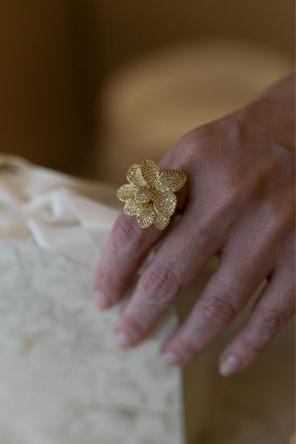 Anel Flor Duo Cravejado Dourado