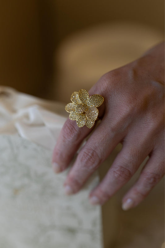 Anel Flor Duo Cravejado Dourado