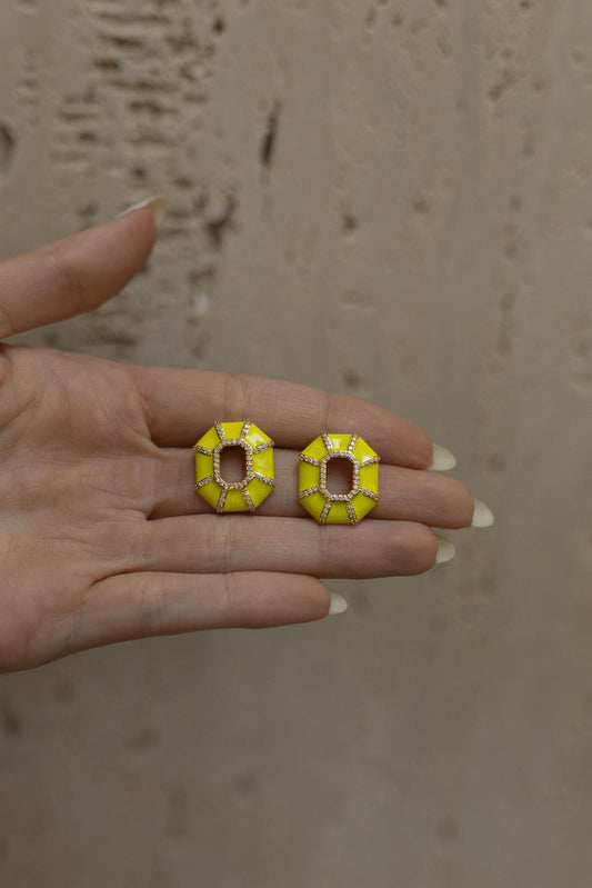 Brinco Sextavado Esmaltado Neon Amarelo Dourado
