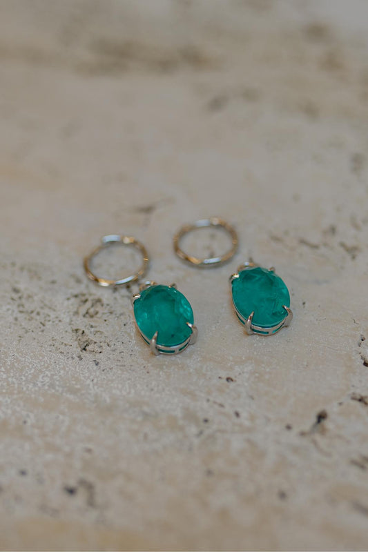 Brinco Argola Pingente Oval Esmeralda Fusion Ródio Branco