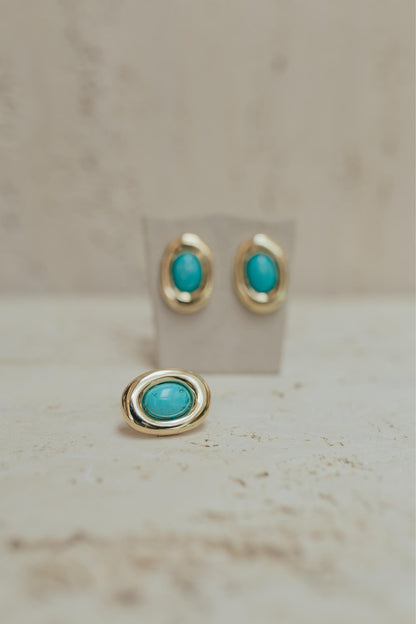 Anel Ajustável Oval Turquesa Dourado