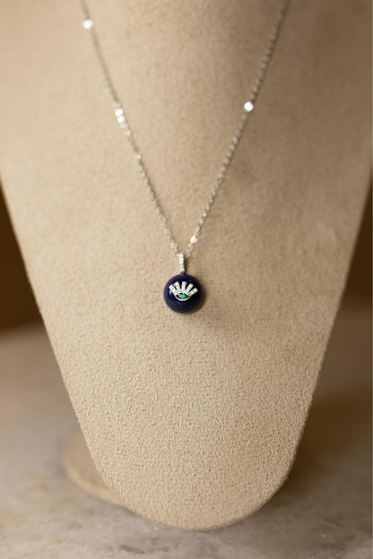 Colar Pingente Meia Esfera Azul Marinho Ródio Branco