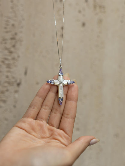 Colar  Crucifixo Madrepérola Tanzanita Prata 925 Ródio Branco