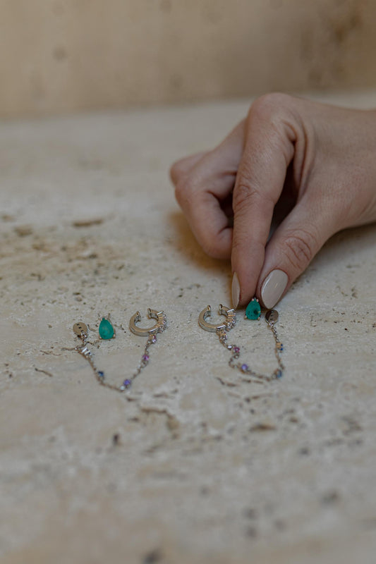 Brinco 2 em 1 Gota Turmalina Fusion Piercing Fake Ródio Branco