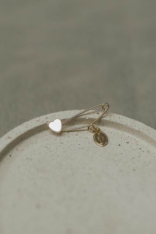 Alfinete Batizado Coração Medalha Milagrosa Dourado