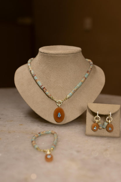 Colar Sunstone Cristal Água Marinha Jasper Dourado