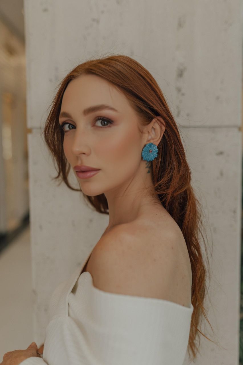 Brinco Flor 5 Baquelite Azul Prata 925 Ródio Branco