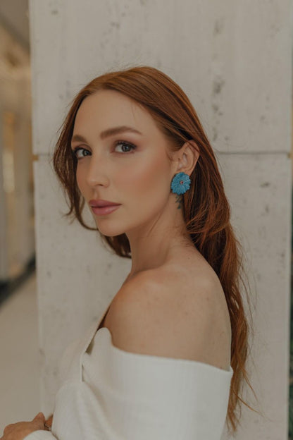 Brinco Flor 5 Baquelite Azul Prata 925 Ródio Branco