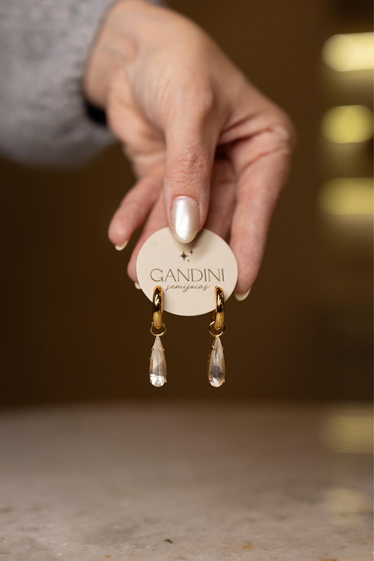 Brinco Argola Pingente Gota Cristal Dourado
