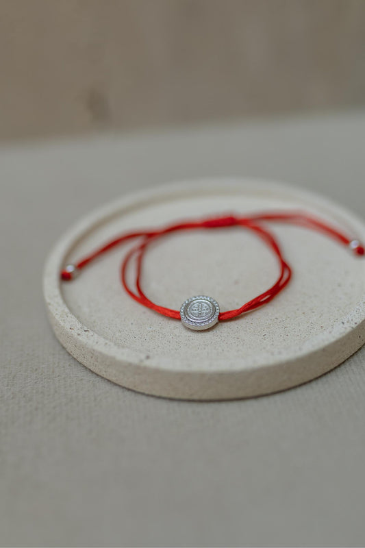 Pulseira Seda Vermelho São Bento Cravejado Prata 925 Ródio Branco