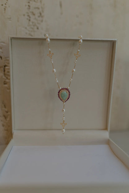 Colar Terço Gota Cravejada Pedras Naturais Dourado