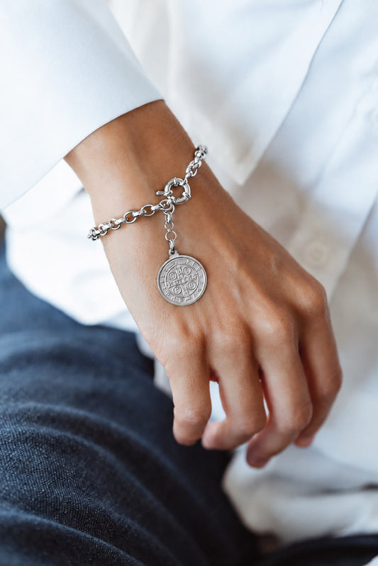 Pulseira Elos Português e Medalha de São Bento Ródio Branco