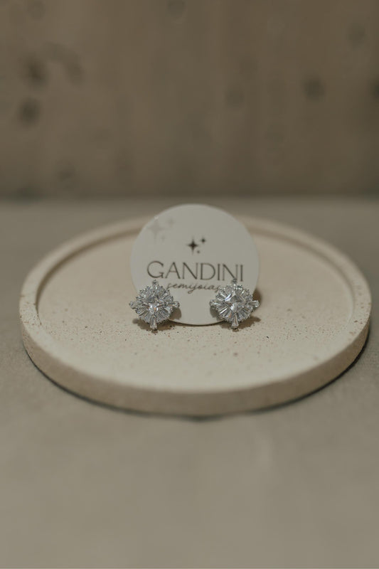 Brinco Dente De Leão Baguete Cristal Ródio Branco