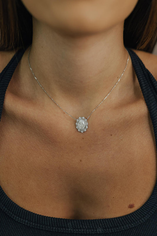 Colar Nossa Senhora das Graças Pontos de Luz e Bolinhas Prata 925 Ródio Branco